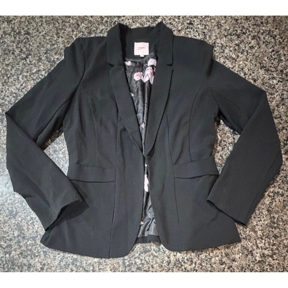 Candies Womens Black Blazer Floral Lined Open Front Career Jacket Size Medium